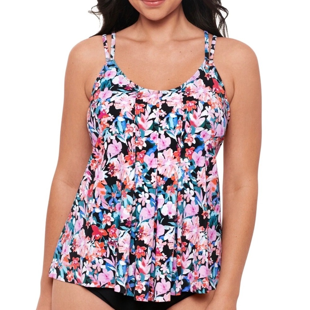 Swim Solutions Floral Tankini‎ Top Pleated Babydoll Swimsuit Pink Blue Size 12